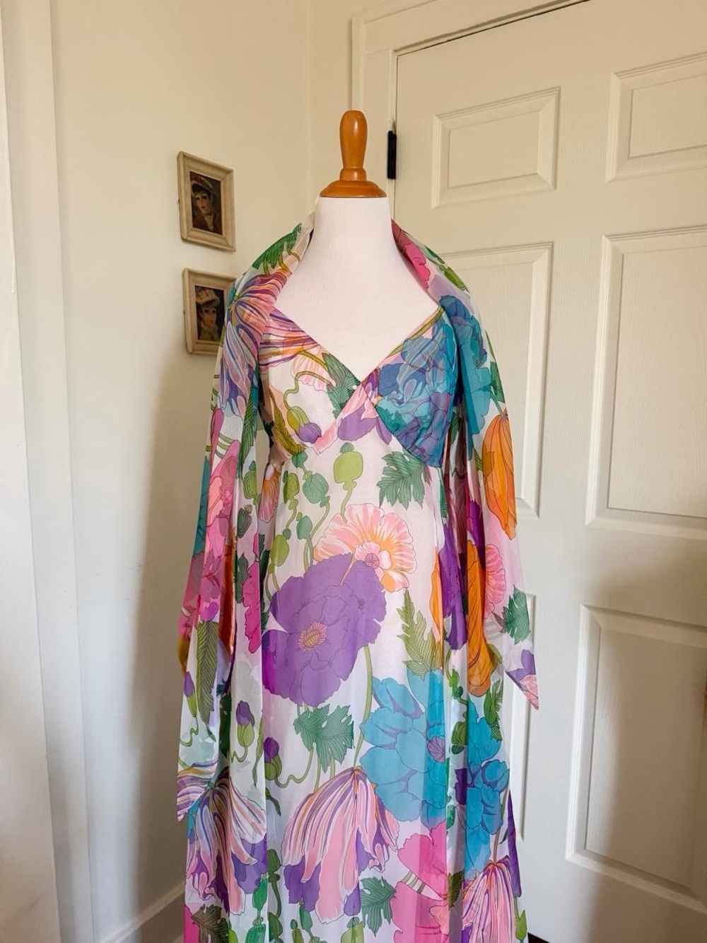Dreamy Vintage 1970s Colorful Rainbow Floral Maxi Dress and Cape Set - Picture 5 of 7